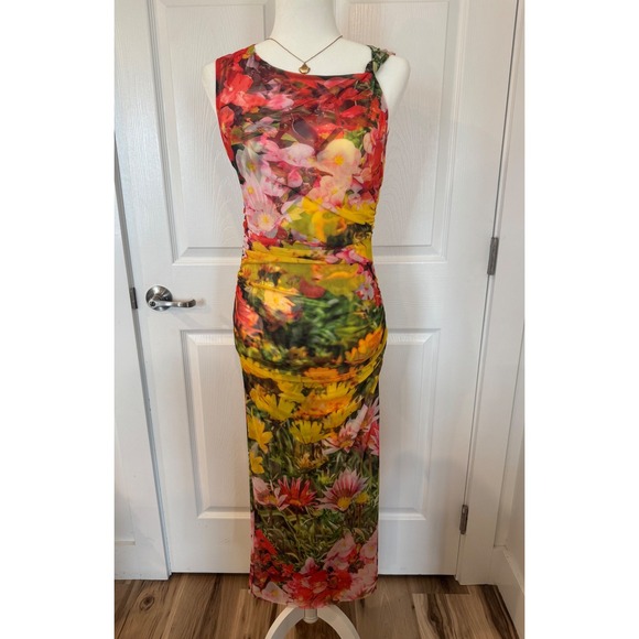 Zara Dresses & Skirts - Zara Floral Mesh Midi Dress Womens Medium Ruched Bodycon Sleeveless Sheer